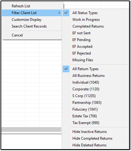 An image showing PCM filters available for the non-admin preparer.